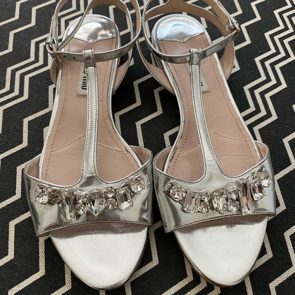 Miu Miu Silver Jeweled Stone Flats Sandals Bridal 37